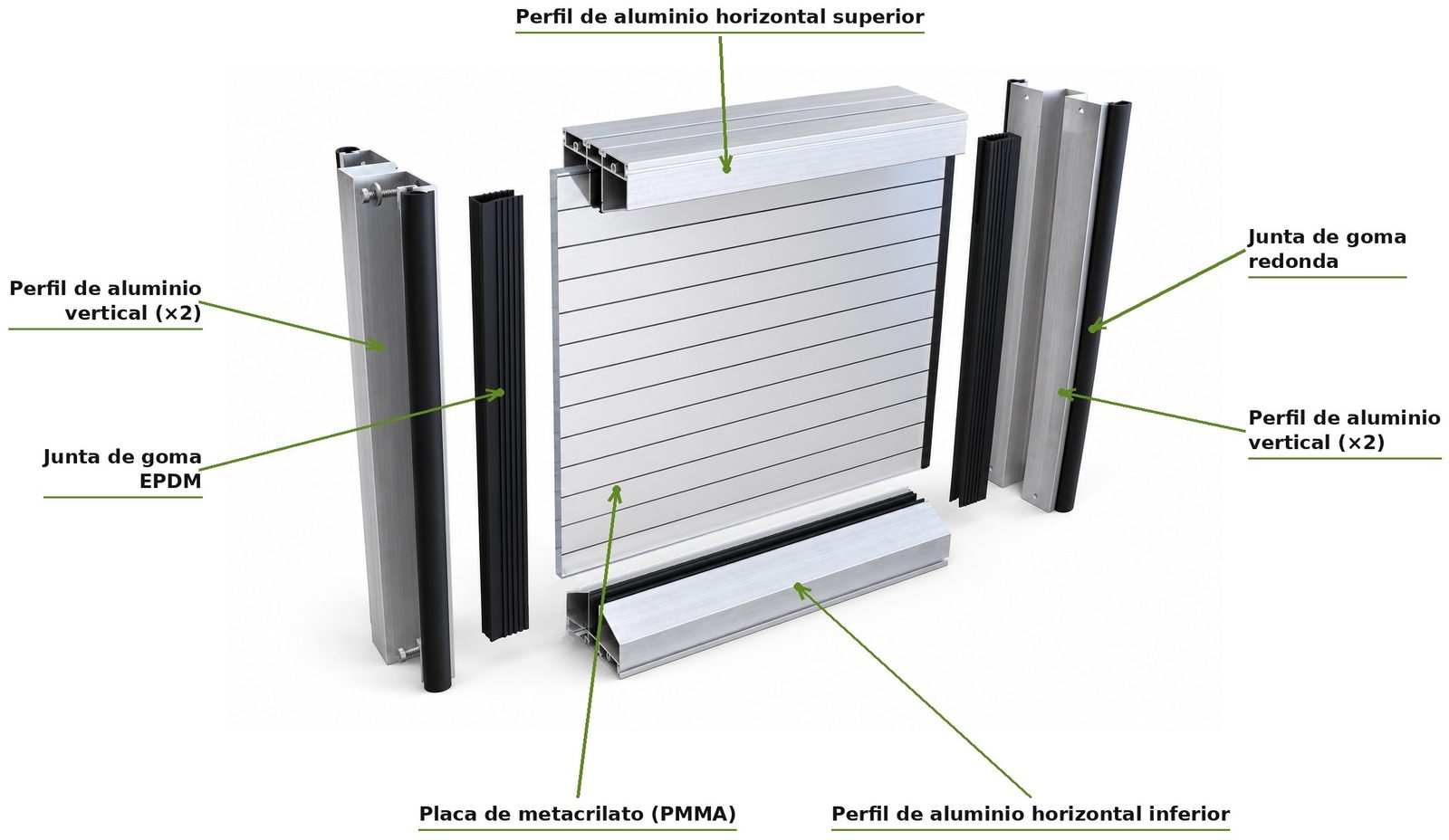 Despiece del panel PANACOR MT15 AL: perfiles de aluminio horizontales y verticales, juntas de goma EPDM y placa de metacrilato