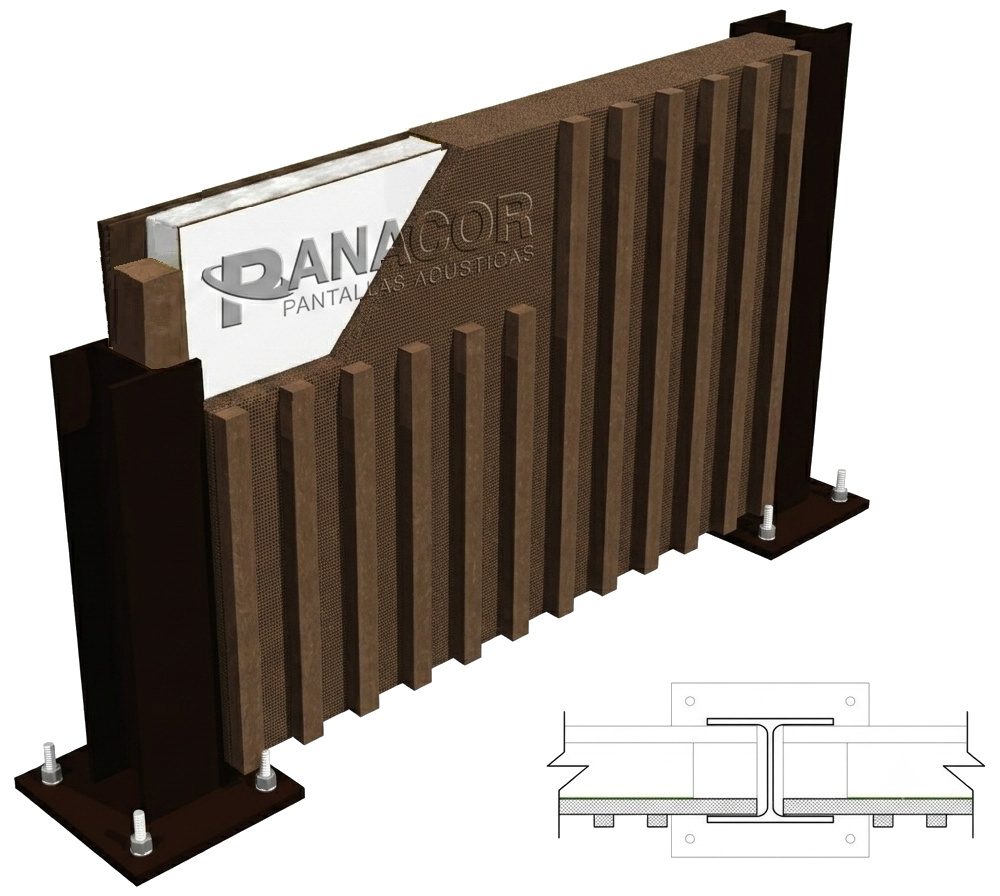 Panel acústico PANACOR RPC de plástico reciclado instalado entre perfiles HEA