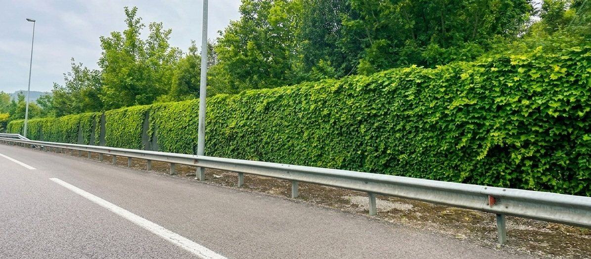 Pantalla acústica vegetal PANACOR VG cubierta de trepadoras junto a una carretera