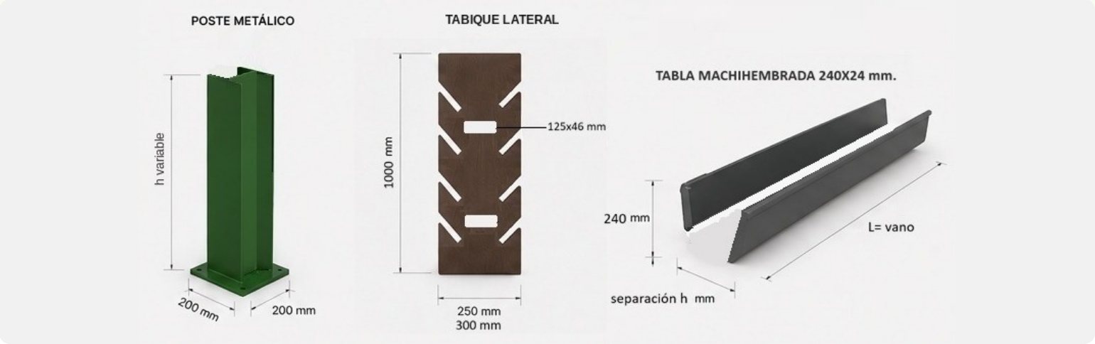 Piezas principales del módulo PANACOR VG-PR: poste metálico de 200 × 200 mm, tabique lateral de 1000 mm con ranuras y tabla machihembrada de 240 × 24 mm