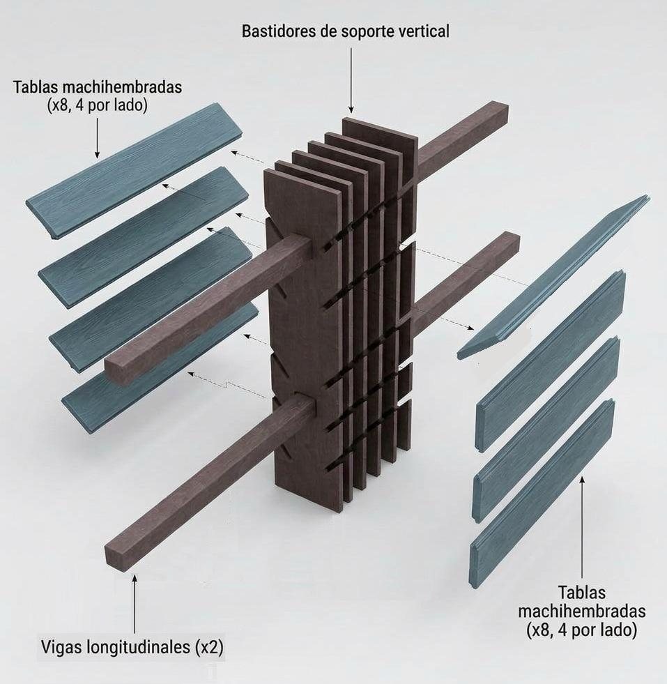 Vista explotada del módulo PANACOR VG-PR: bastidores de soporte vertical, vigas longitudinales y tablas machihembradas